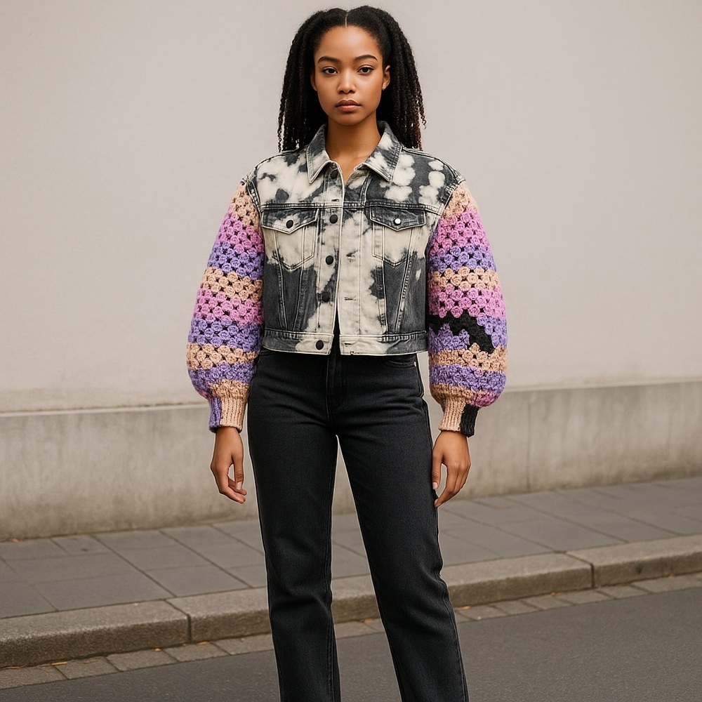 Jean Jacket papermoon sz small upcycled with crochet sleeves handmade by seller